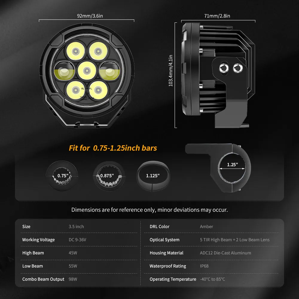 COLIGHT Apex Series 3.5inch Dual Beam LED Motorcycle Auxiliary Lights with Amber Halo