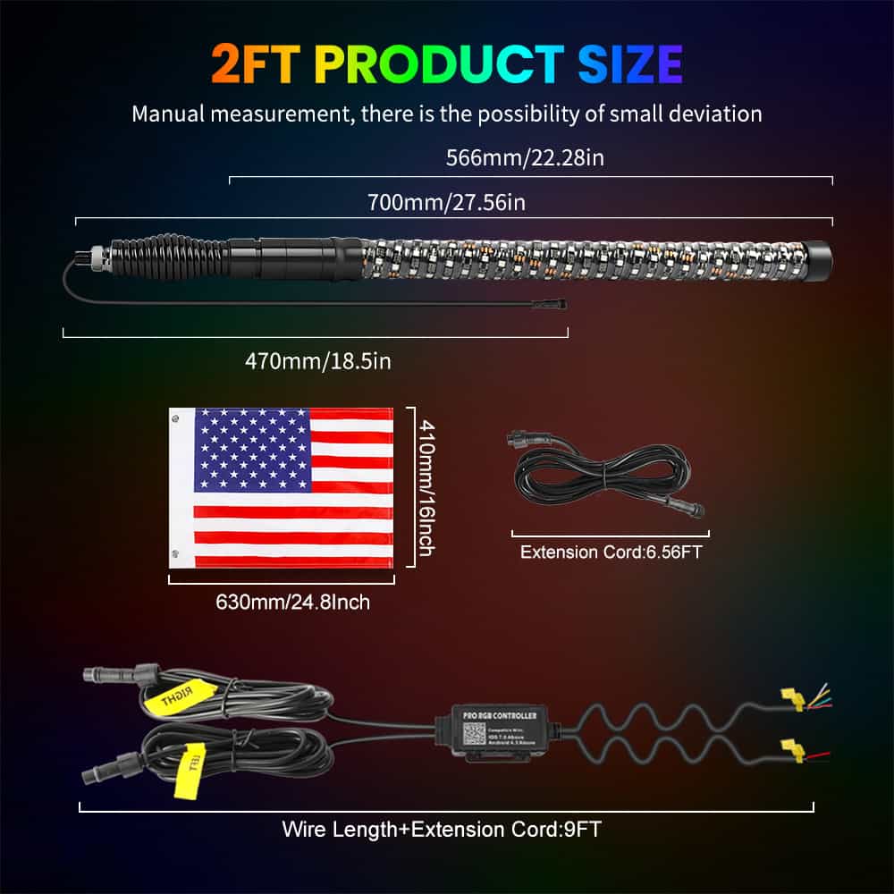 2FT RGBW Whip Lights 1.5" diameter With Spring Mounts