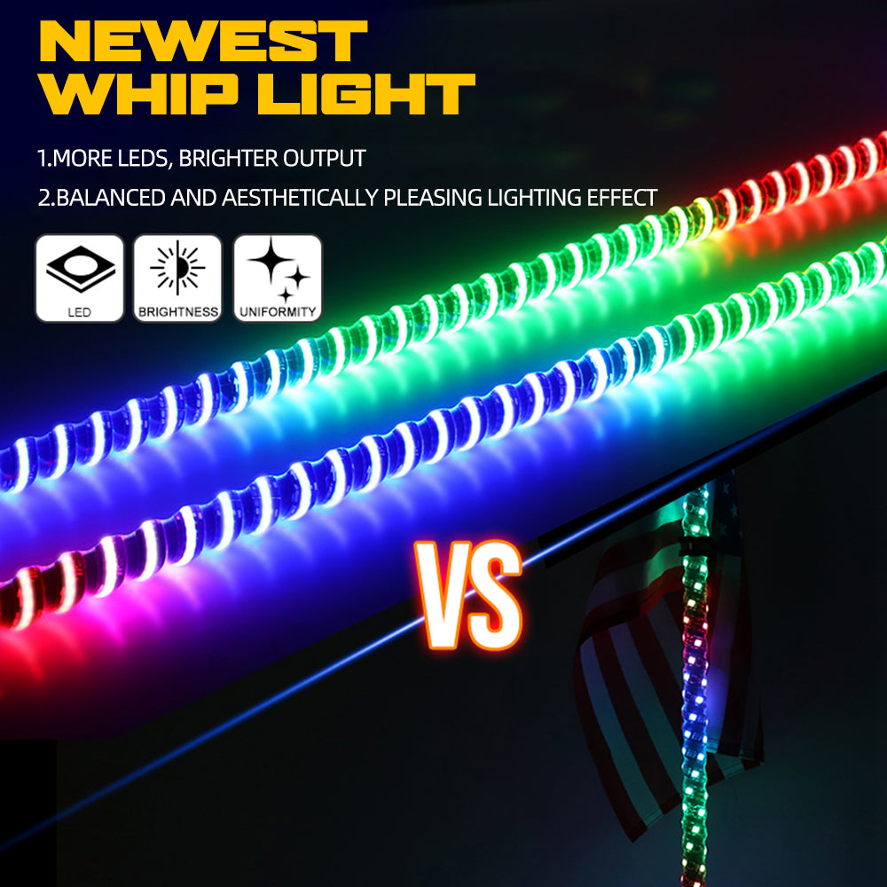 3FT Spiral Led Whip Lights 0.75" diameter With APP+Remote Controllor