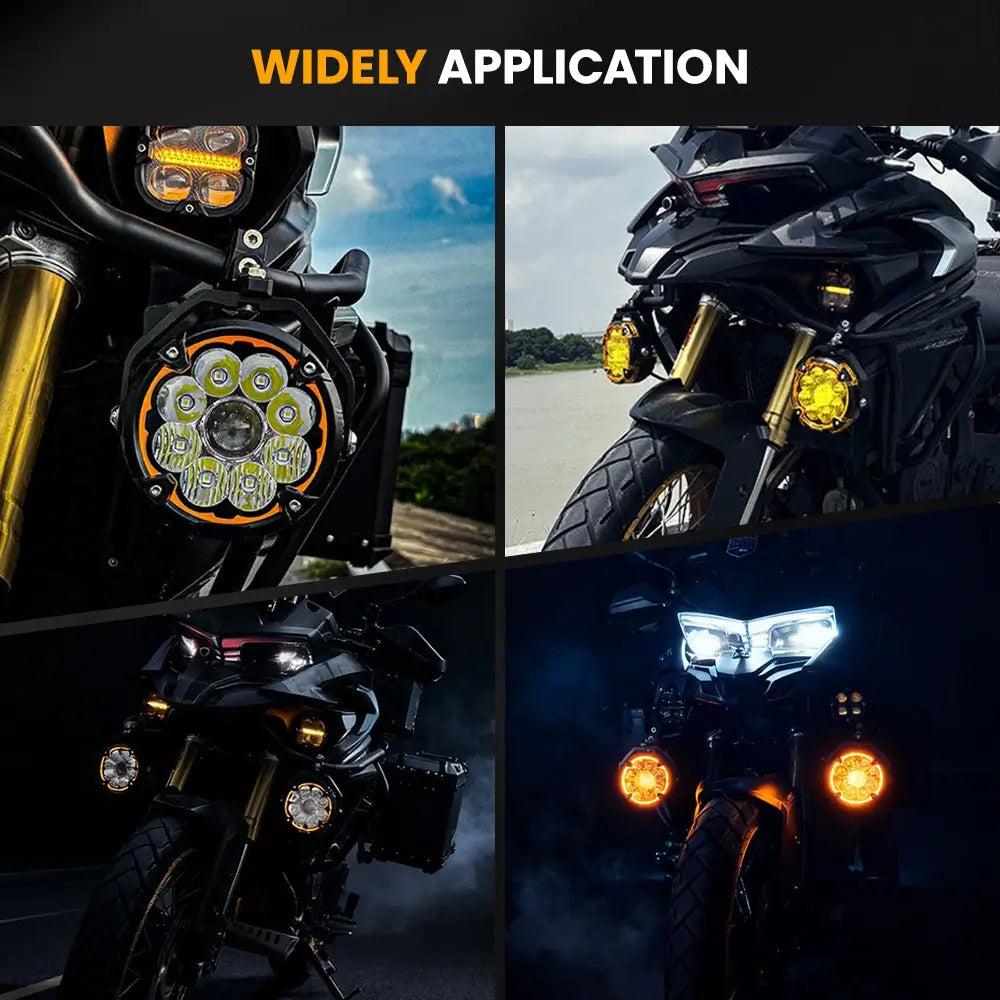 Motorcycle lights in various applications with 'WIDELY APPLICATION' text.