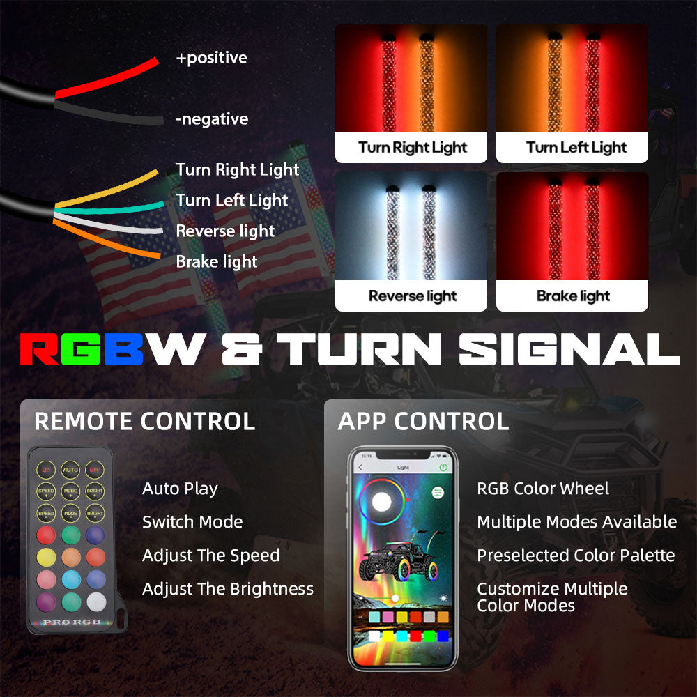 New 3FT Fatter RGBW Whip Lights With Bluetooth APP+Remote Controllor