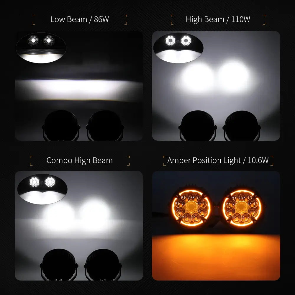 4 types of 5inch Atlas Series motorcycle Lights with labeled power ratings.