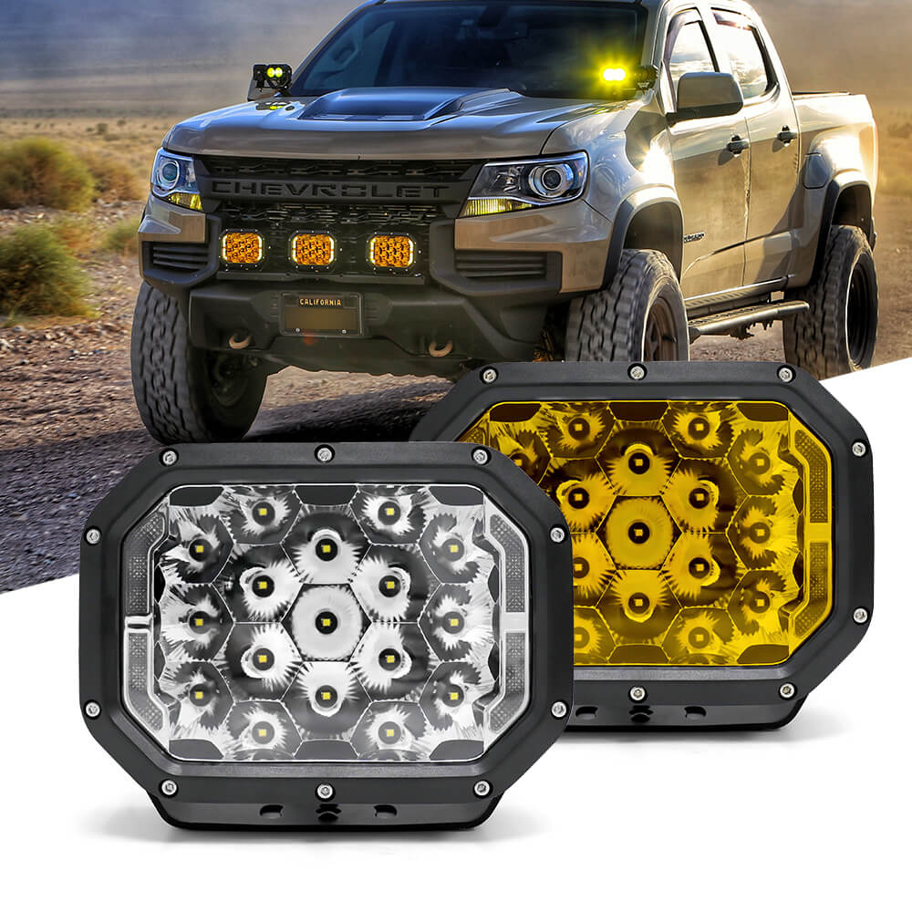 Chevrolet truck with two off-road headlights displayed below on a white background