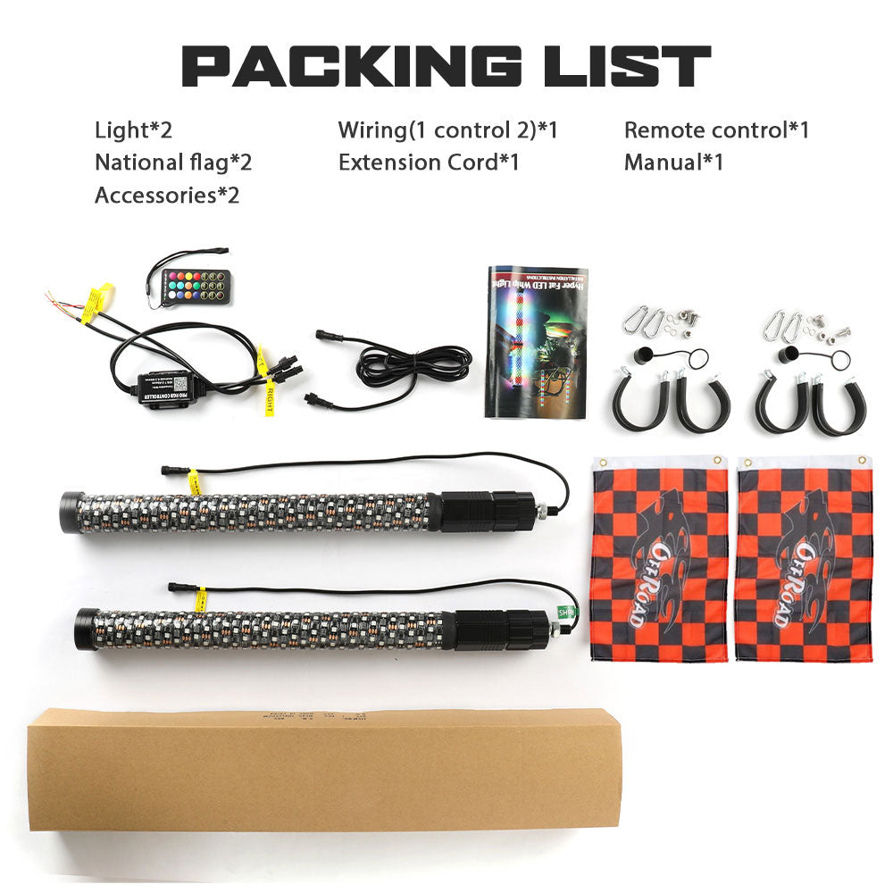 2FT RGBW Whip Lights 1.75" diameter With APP+Remote Control