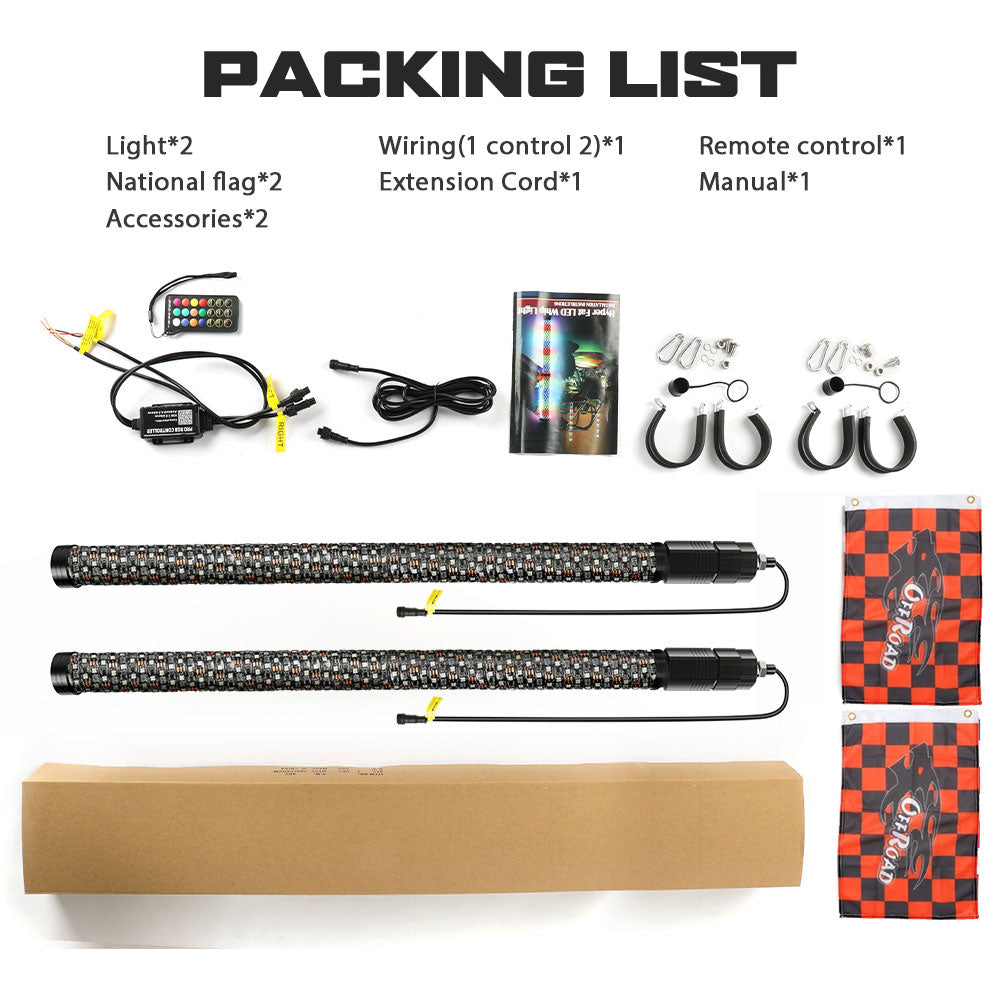 3FT RGBW Whip Lights 1.75" diameter With APP+Remote Controllor