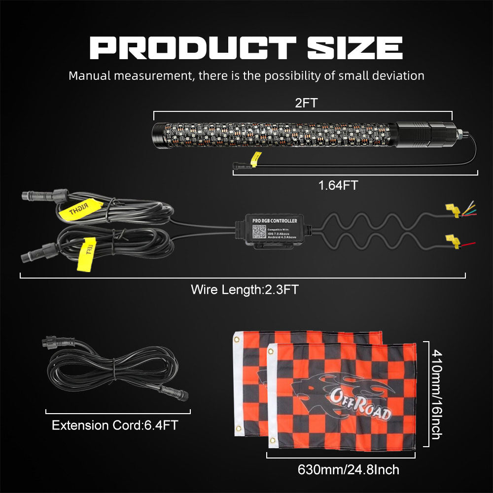 2FT RGBW Whip Lights 1.75" diameter With APP+Remote Control