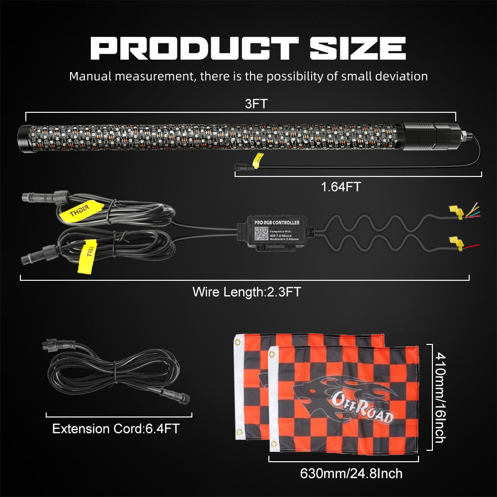 3FT RGBW Whip Lights 1.75" diameter With APP+Remote Controllor