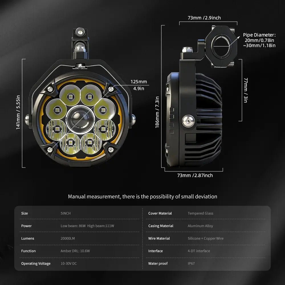 Technical specifications and dimensions of 5inch Atlas Series motorcycle lights on a black background