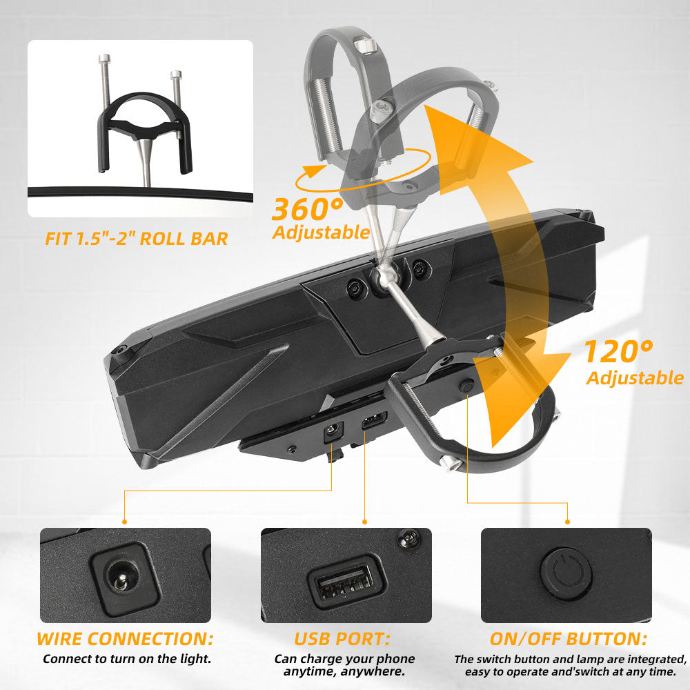 Universal 12" UTV Rear View Center Mirror With Dome Light For 1.5-2" Roll Bar