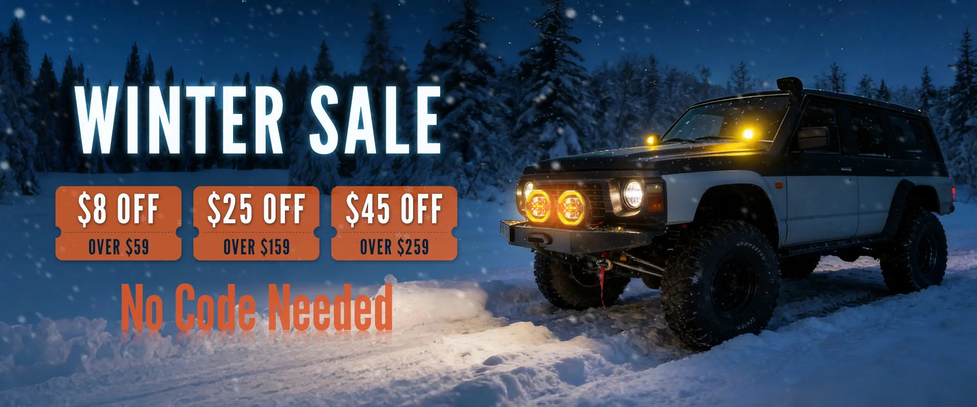 SUV in a snowy landscape with winter sale text and discount information.