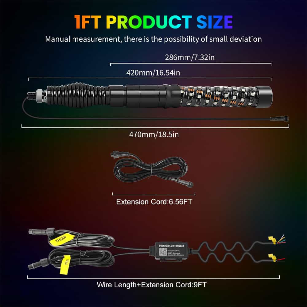 1FT RGBW Whip Lights 1.5" diameter With Spring Mounts