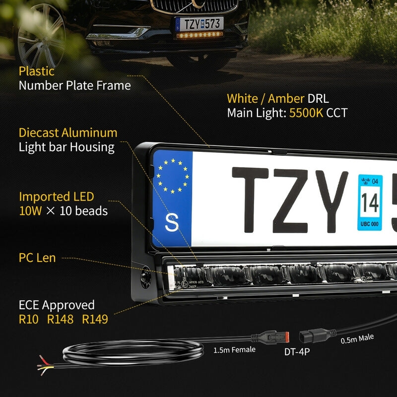 20" European License Plate Mounted LED Light Bar with Dual-Color DRL | ECE R149