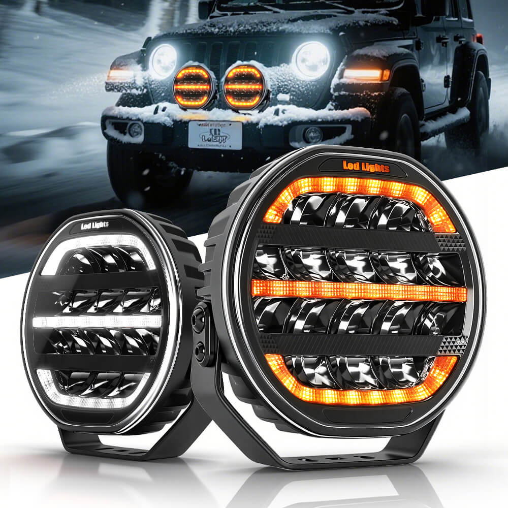 Pair of LED headlights with a blurred background of a vehicle on a snowy road.