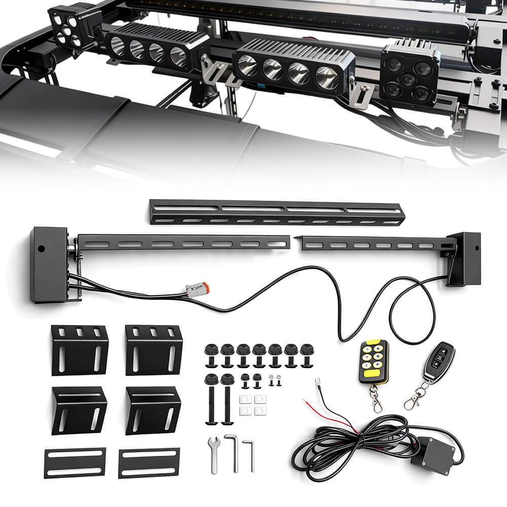 Car roof rack motorized flip mount  systemfor light bar on a white background