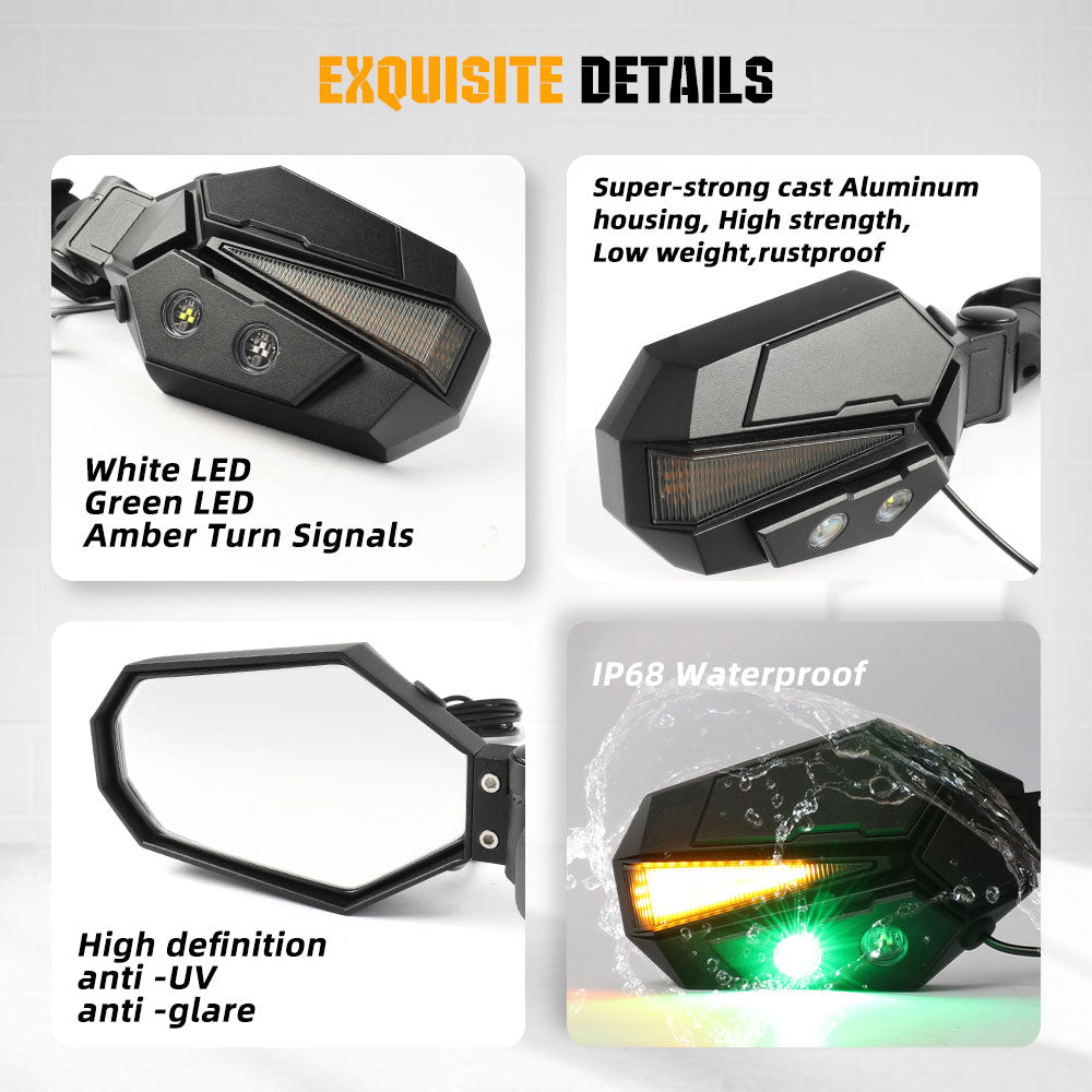 UTV Side View Mirrors With Amber Turn Signal Lights For 1.5-2 inch Rollbar